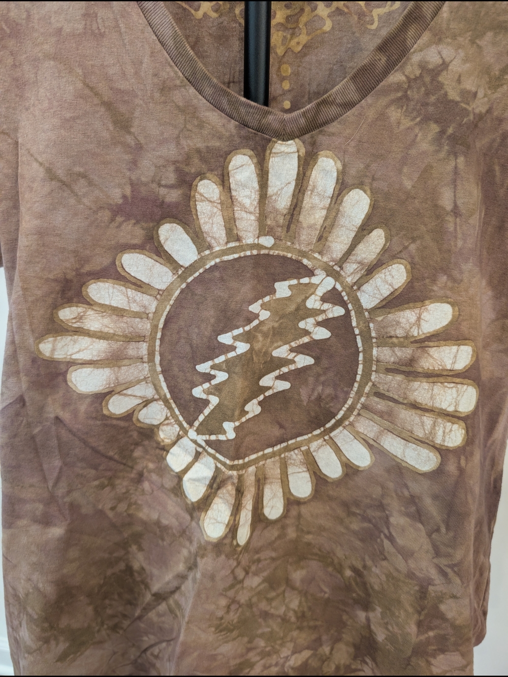 Brown Tie-Dye Grateful Dead Hand Painted Batik V Neck Top - Brown & Cream Small - Picture 2 of 11
